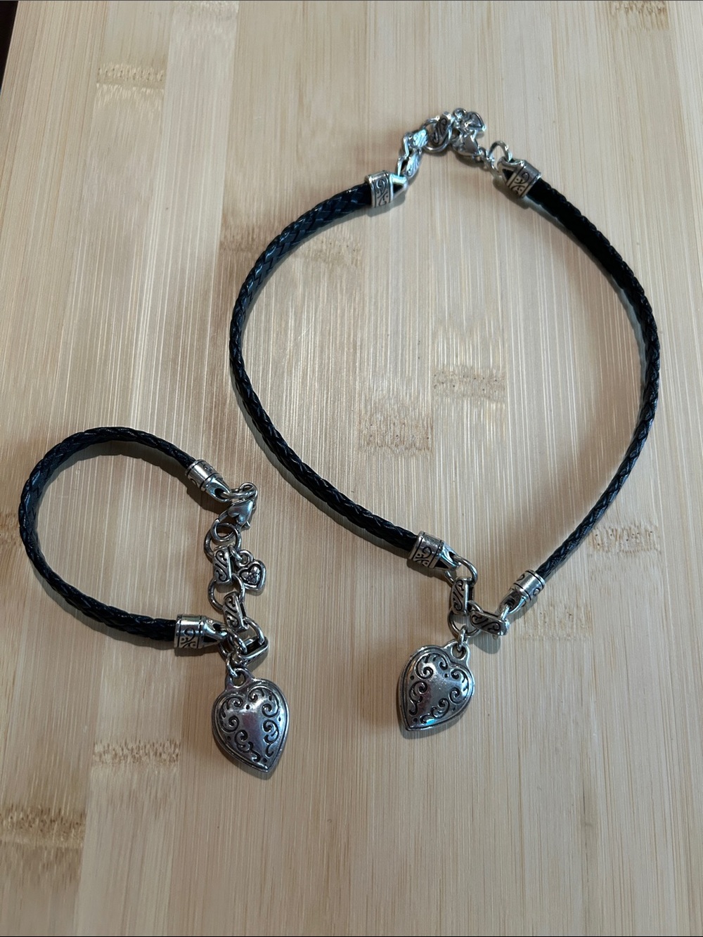 Brighton King’s Road Black Braided Leather Heart Charm Bracelet and Necklace Set